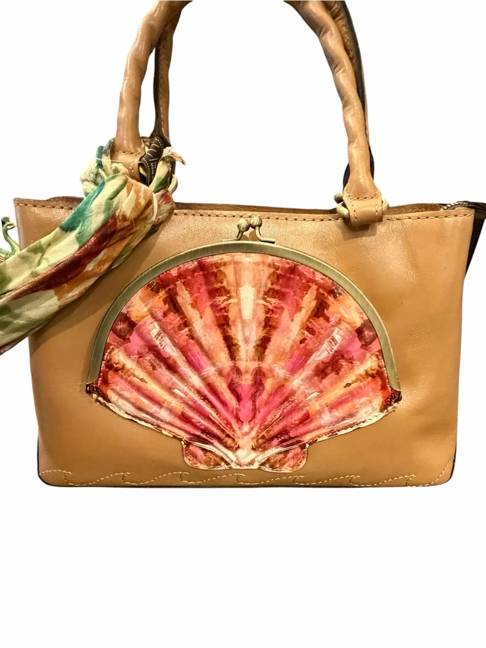 Patricia Nash Angela Naturals Seashell Kisslock‎ Leather Handbag NEW DISTRESSED